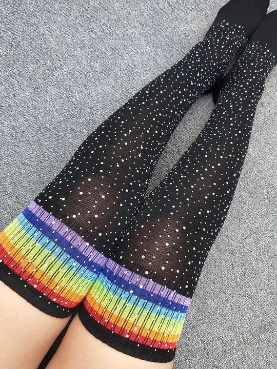 Sexy Striped Rhinestone Knee-High Socks - WZ015
