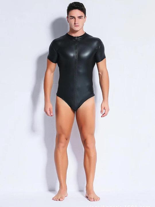 Black Patent Zipper Bodysuit - YNY084
