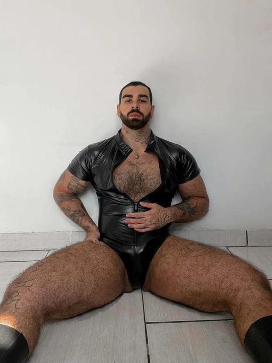 Black Patent Zipper Bodysuit - YNY084