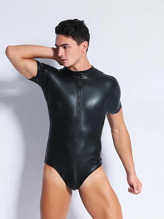 Black Patent Zipper Bodysuit - YNY084