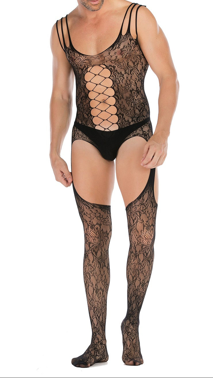 Men's Sleeveless Jacquard High-Slit Bodystocking - LTW041