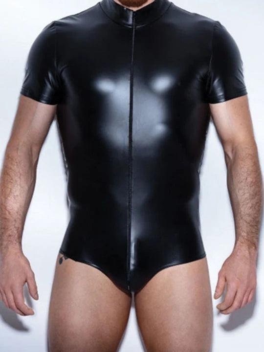 Black Patent Zipper Bodysuit - YNY084