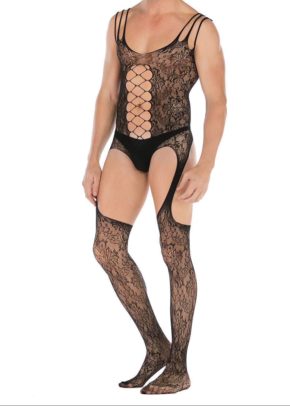 Men's Sleeveless Jacquard High-Slit Bodystocking - LTW041