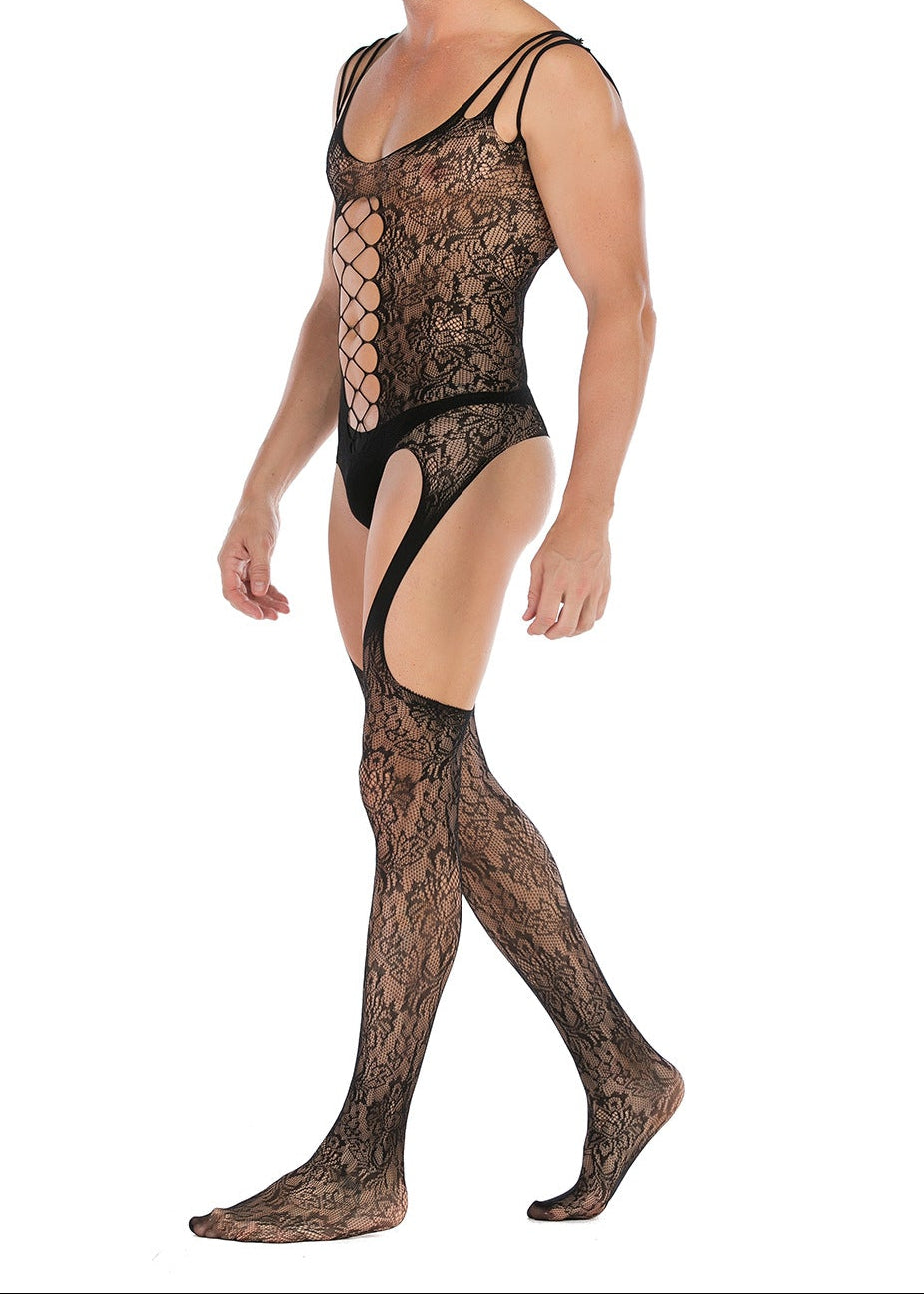 Men's Sleeveless Jacquard High-Slit Bodystocking - LTW041