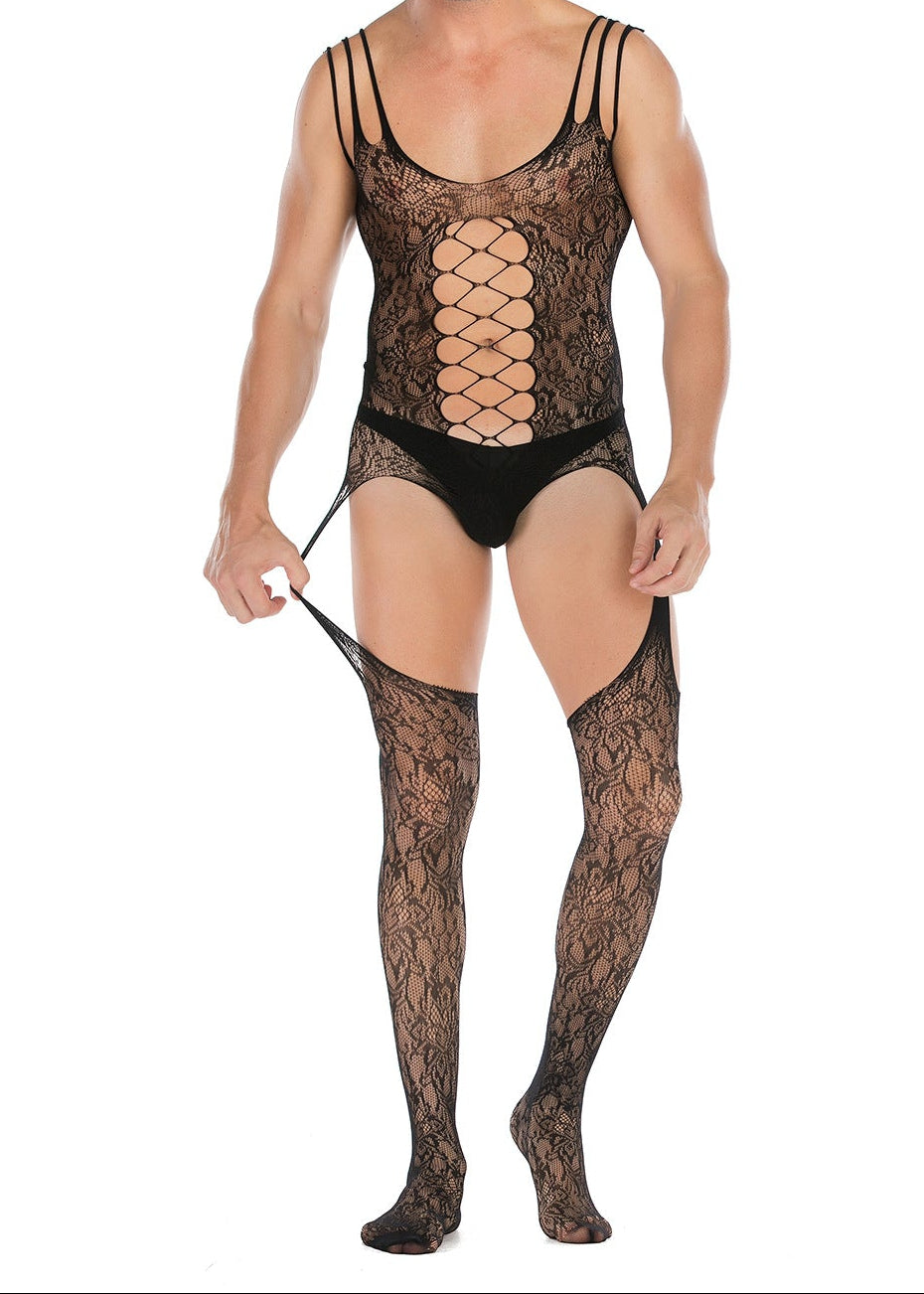 Men's Sleeveless Jacquard High-Slit Bodystocking - LTW041