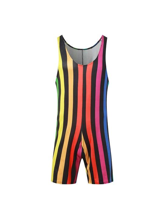Rainbow Striped Patchwork Sleeveless Singlet U-Neck Romper - YNY093