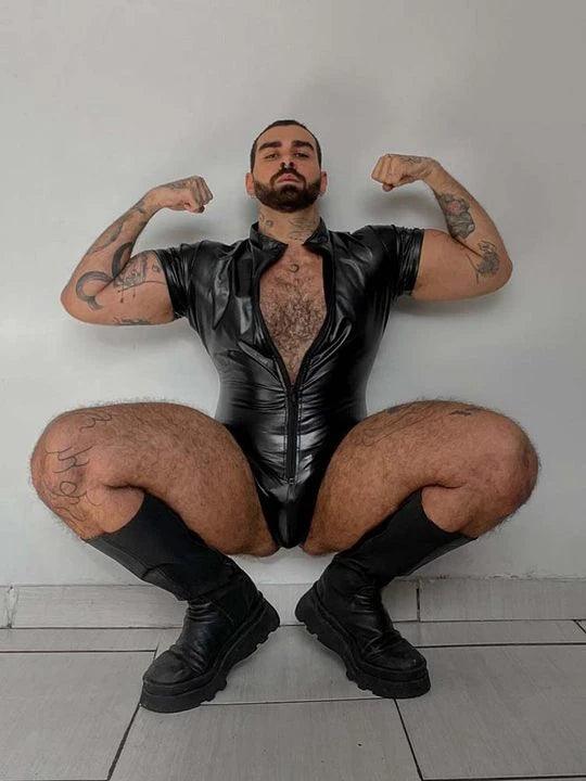 Black Patent Zipper Bodysuit - YNY084