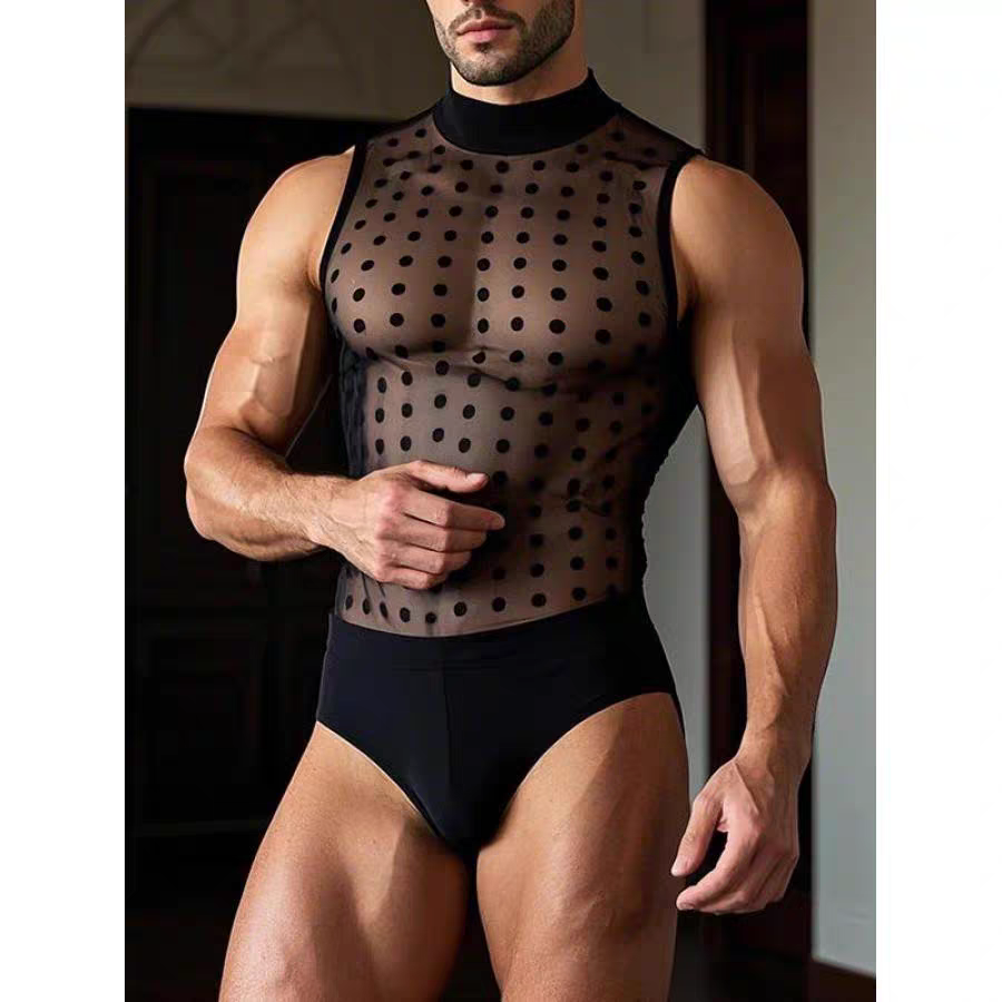 Men Homewear Polka Dot Mesh See Through Bodysuit - SBS047