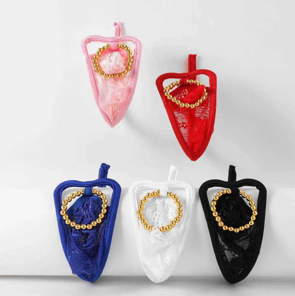 Mens lace c-string with gold beaded ring in 5 colors - black, red, white, royal blue, pink flat lay