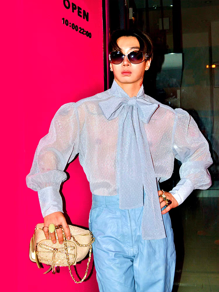 Luxurious Vintage Sexy Tie Bow Sheer Bubble Court Shiny Tulle Shirt - SBS072