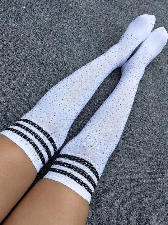 Sexy Striped Rhinestone Knee-High Socks - WZ015