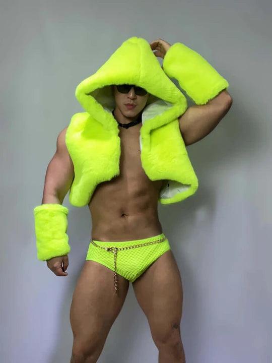 Men's Fluorescent Green Faux Fur Vest Set - CL001 - YDressup