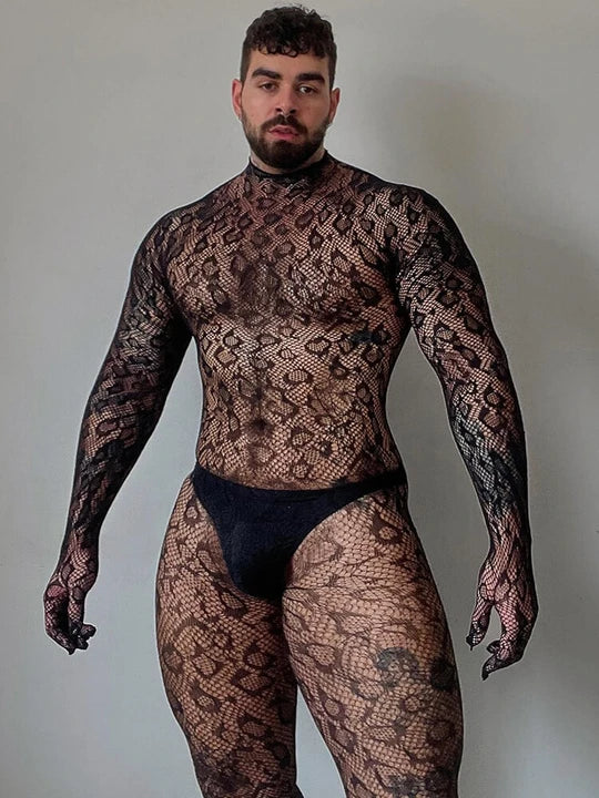 Men's Leopard Print See-Through Hollow Bodysuit - LTW022 - YDressup