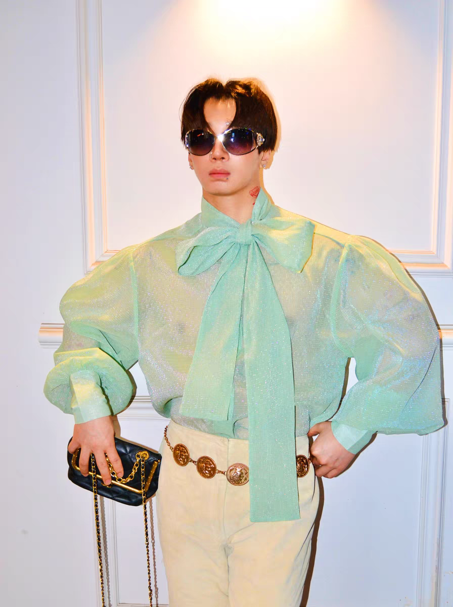 Luxurious Vintage Sexy Tie Bow Sheer Bubble Court Shiny Tulle Shirt - SBS072