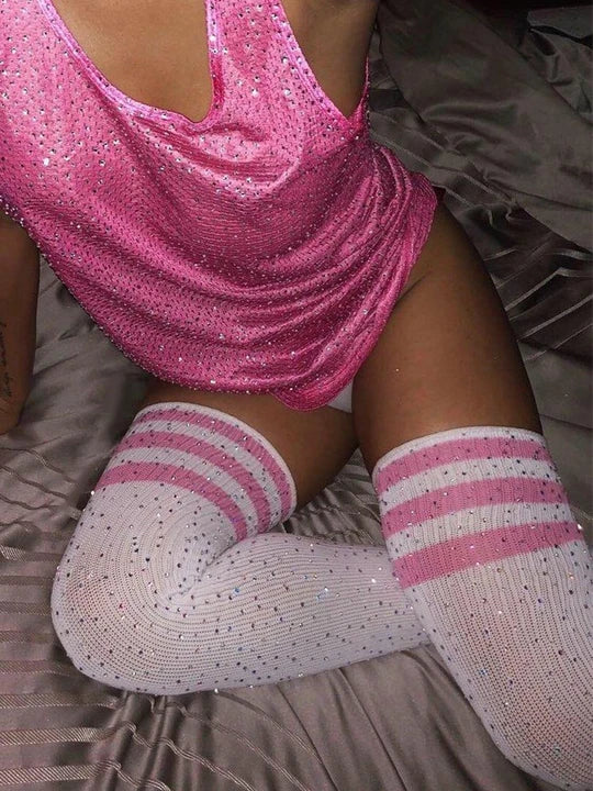 Sexy Striped Rhinestone Knee-High Socks - WZ015