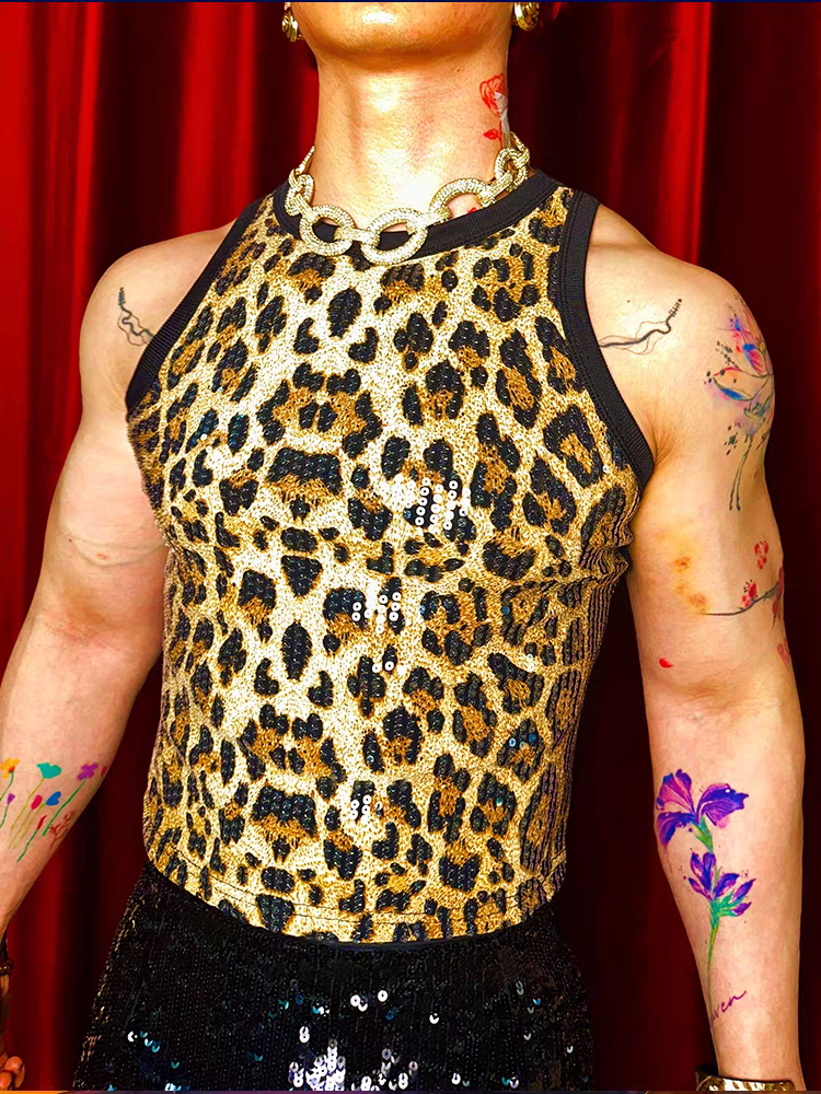 Sexy Leopard Print Sequin Vest - SBS070