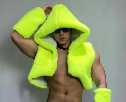 Men's Fluorescent Green Faux Fur Vest Set - CL001 - YDressup