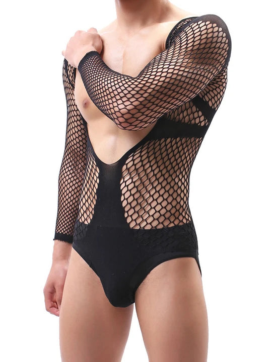 Men's V-Neck One-Piece Mesh Suit - LTW019 - YDressup