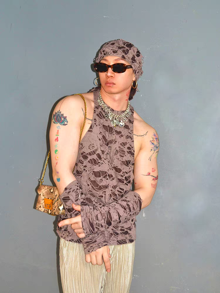 Wasteland Style Unique Design Cotton Distressed Hollow Punk Round Neck Sexy Vest - SBS069
