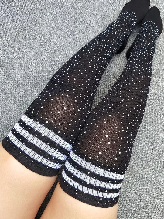 Sexy Striped Rhinestone Knee-High Socks - WZ015