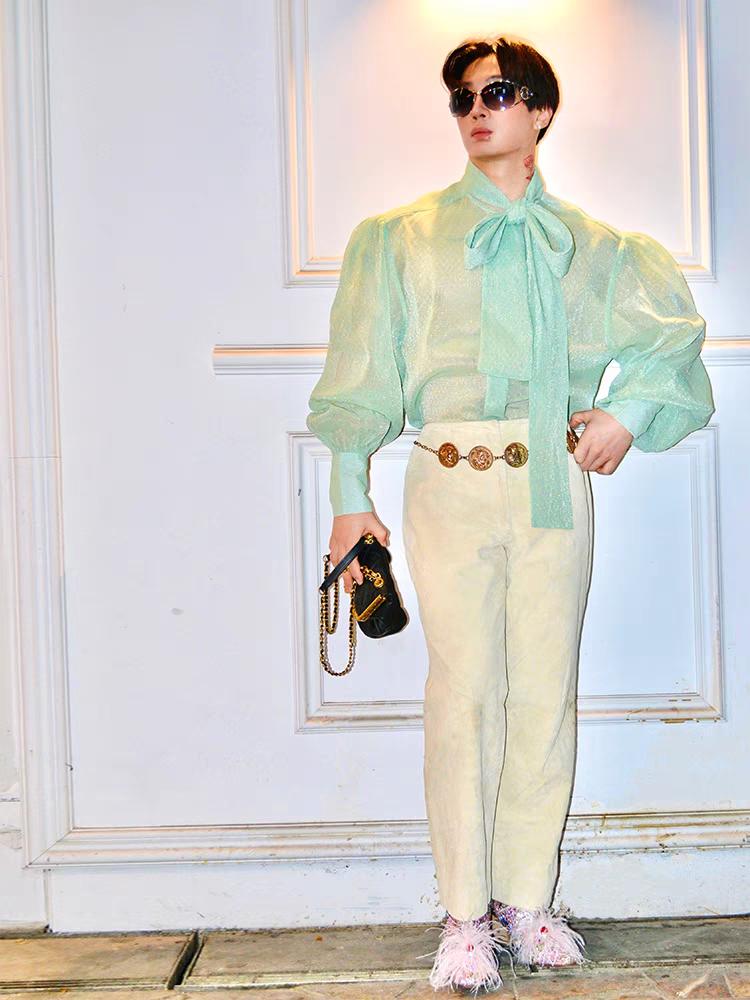 Luxurious Vintage Sexy Tie Bow Sheer Bubble Court Shiny Tulle Shirt - SBS072