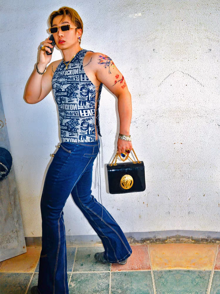 Unique Design Sexy SM Tie Side Slit American Round Neck Trendy Printed Denim Vest - SBS061