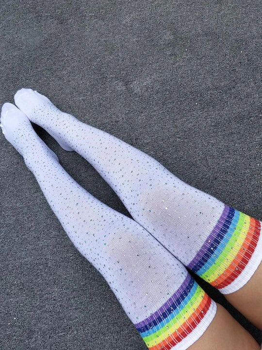 Sexy Striped Rhinestone Knee-High Socks - WZ015