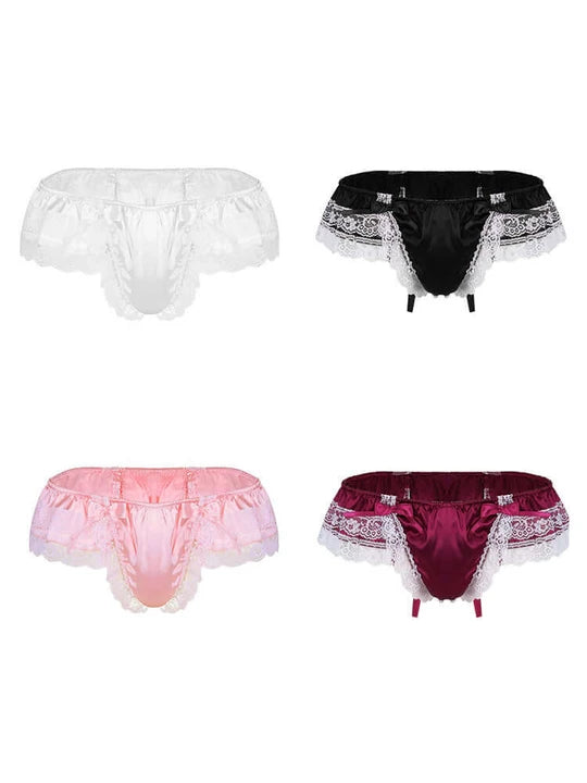 Men's Open Hip Lace Bow Spandex Thong - SJK017
