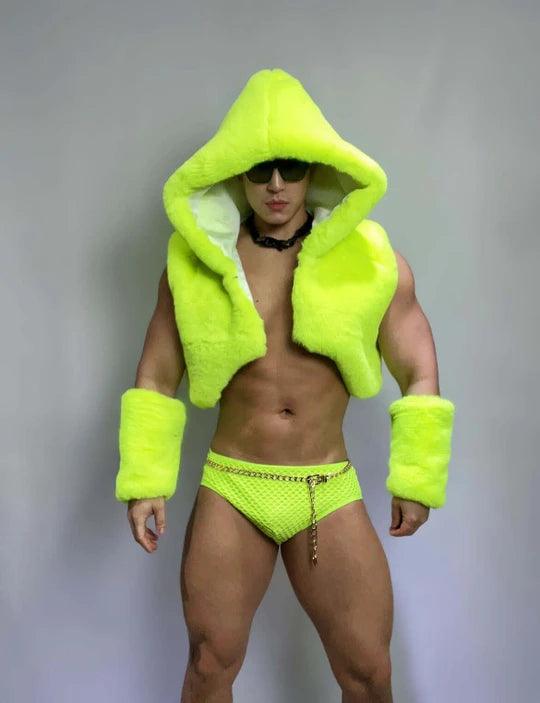 Men's Fluorescent Green Faux Fur Vest Set - CL001 - YDressup