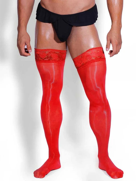 Oiled Shiny Lace Knee-High Stockings - CW017 - YDressup