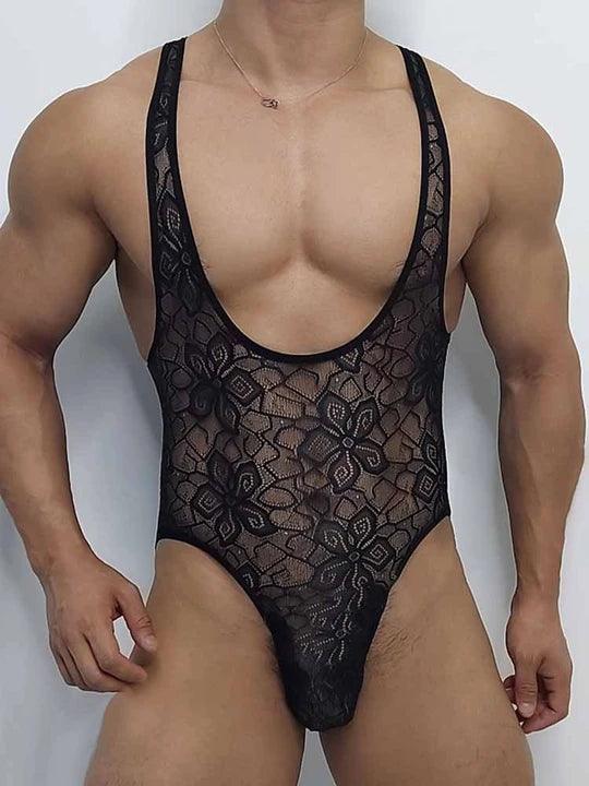 Men's Floral Lace High-Cut Briefs Bodysuit - LTY014 - YDressup
