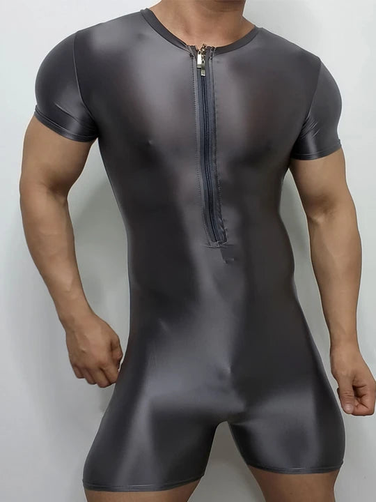 Men's Zip-Up Design Oiled Shinny Bodysuit - LTY042 - YDressup