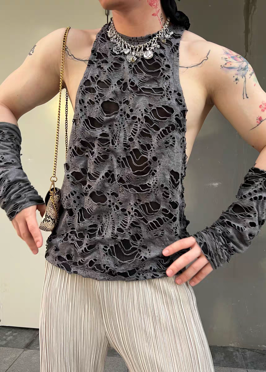 Wasteland Style Unique Design Cotton Distressed Hollow Punk Round Neck Sexy Vest - SBS069