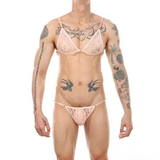 Men's Bikini Lace Bra Thongs Underwear Suit - QQNY011 - YDressup