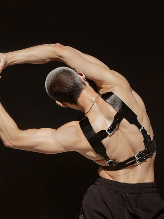 Men's Leather Black Wide Chest Strap Plus Harness（suitable for tall people）-KB011