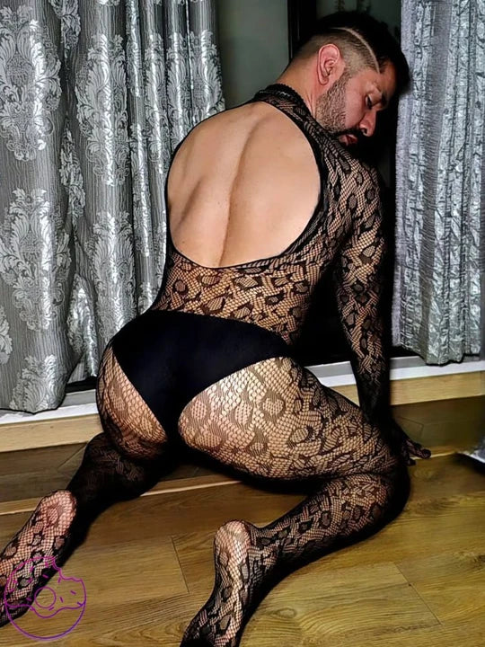 Men's Leopard Print See-Through Hollow Bodysuit - LTW022 - YDressup
