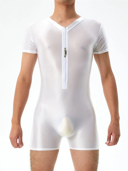 Men's Zip-Up Design Oiled Shinny Bodysuit - LTY042 - YDressup