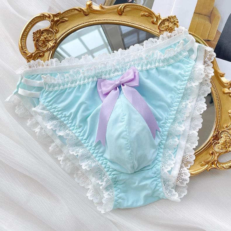 Cute Bow Satin Lace Trim Femboy Panties - FU001