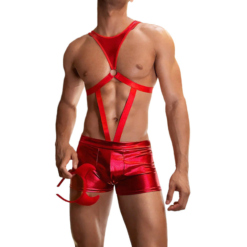 Men's Sexy Hollow Strap Top with Tight Leather Pants Set - QQNY039