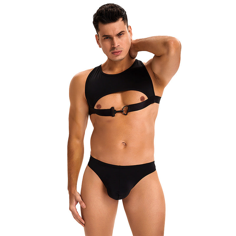 Men's Sexy Uniform Set Black Ice Silk Sling Underwear Two-Piece Set - QQNY021 - YDressup