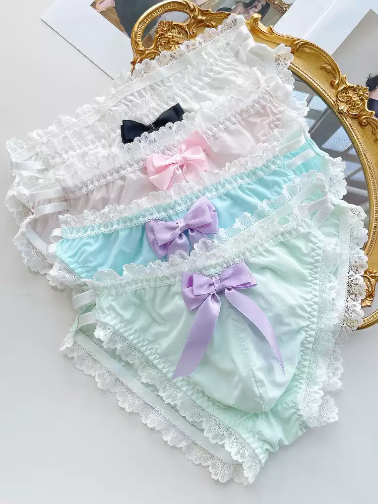 Cute Bow Satin Lace Trim Femboy Panties - FU001