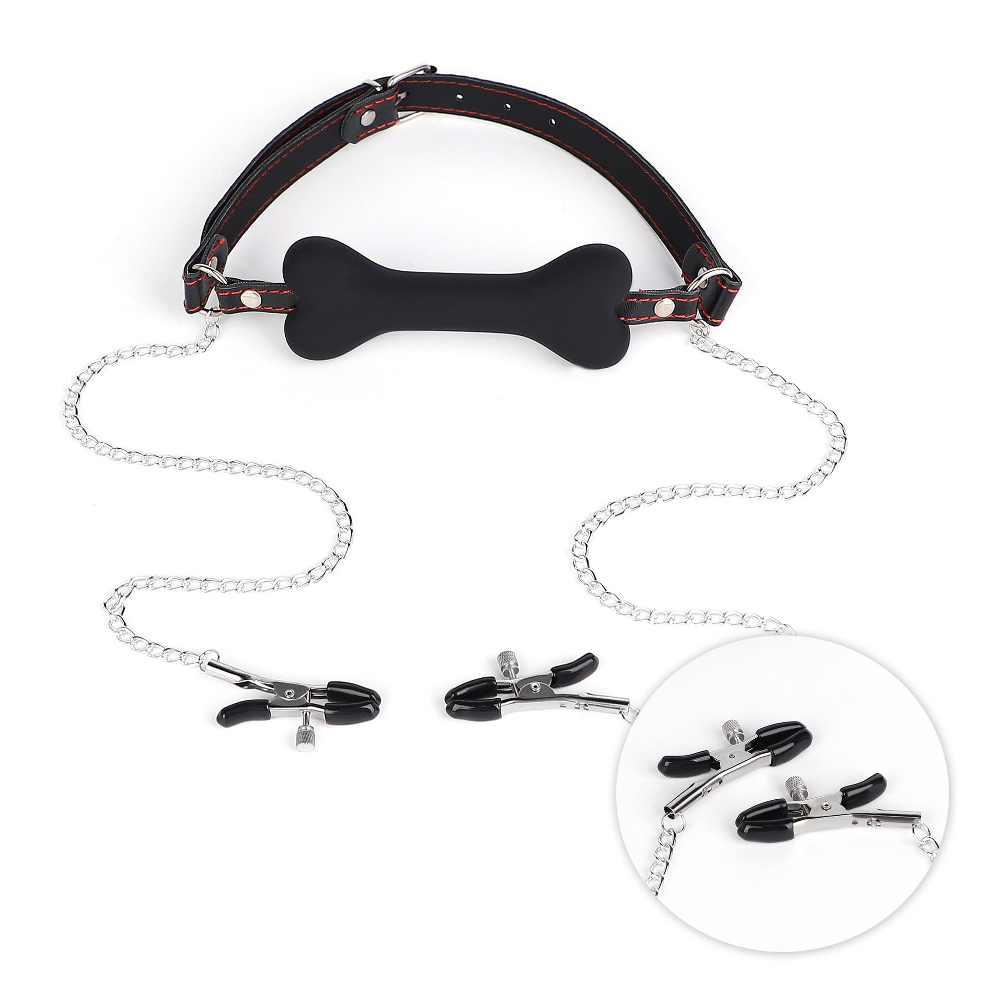 Silicone Bone Mouth Plug with Nipple Clamps for BDSM Play - PJ024