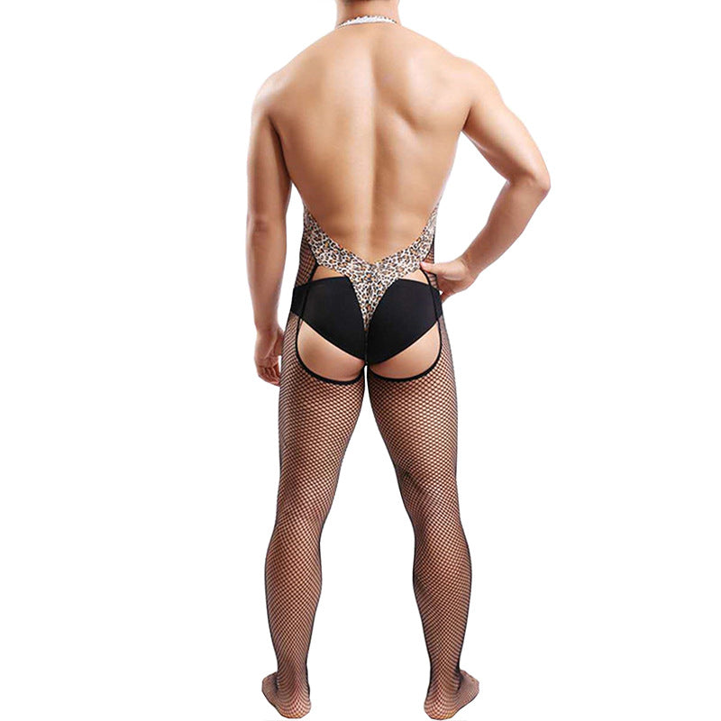 Men's Sexy Leopard Hip-Baring Fishnet Bodysuit - LTW003 - YDressup