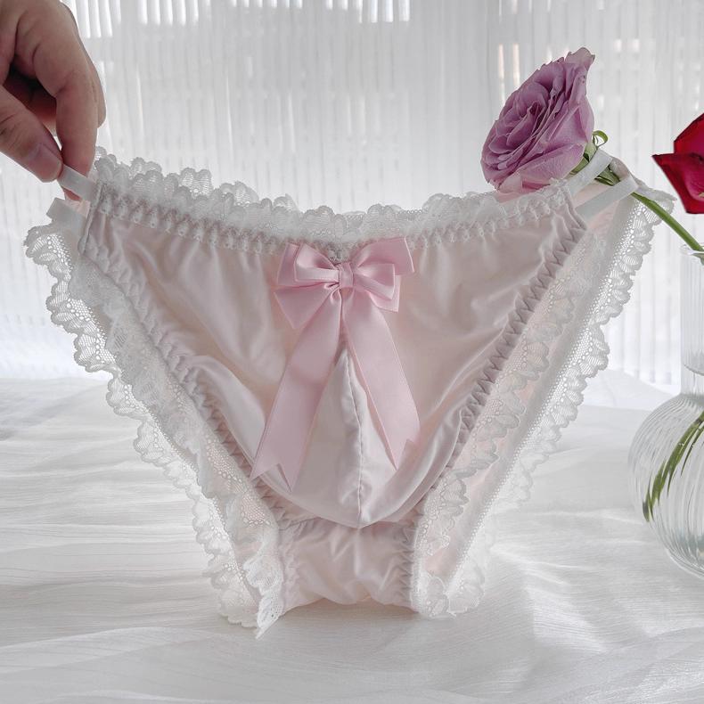 Cute Bow Satin Lace Trim Femboy Panties - FU001