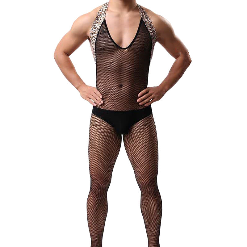 Men's Sexy Leopard Hip-Baring Fishnet Bodysuit - LTW003 - YDressup