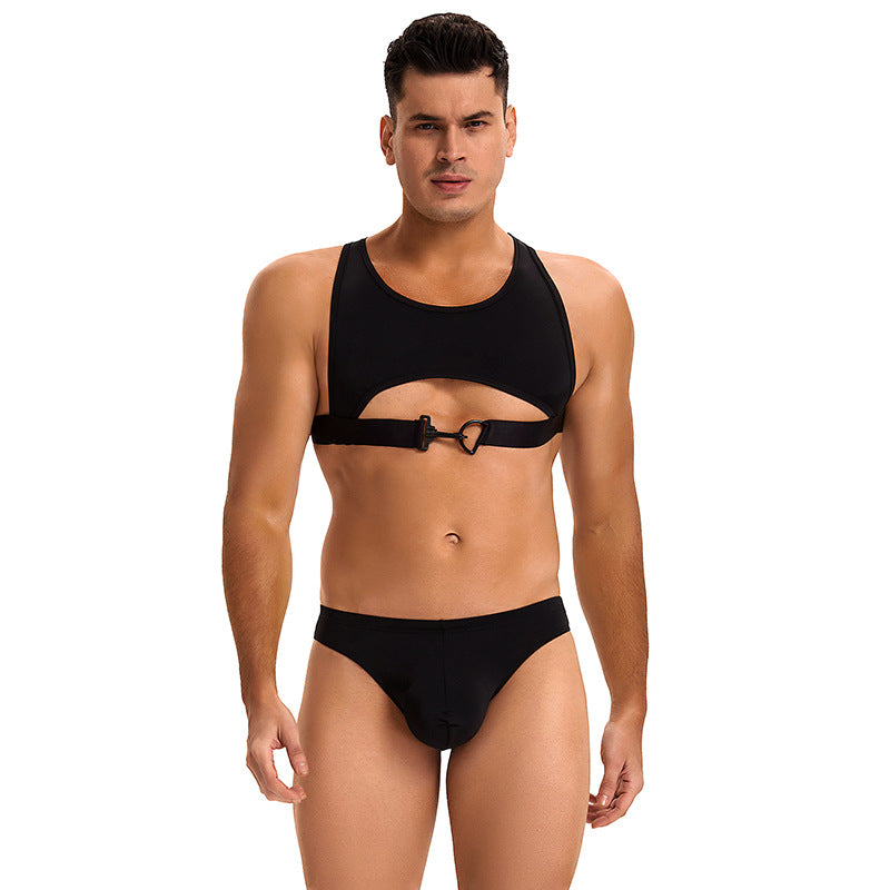 Men's Sexy Uniform Set Black Ice Silk Sling Underwear Two-Piece Set - QQNY021 - YDressup