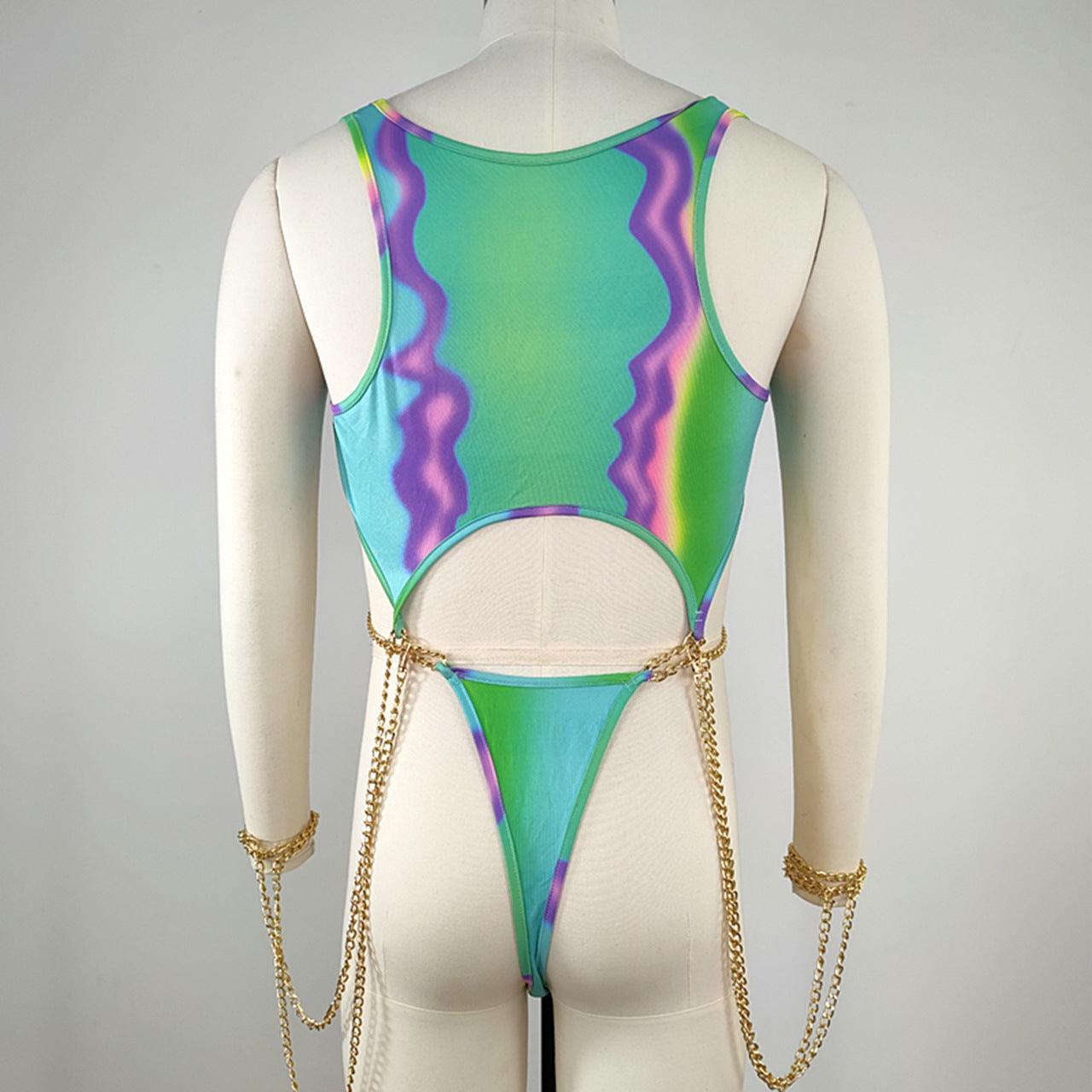 Men's Sexy Colorful Hollow Chain Thong Bodysuit - QQNY012 - YDressup
