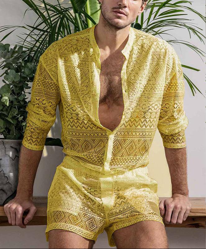 Men's Long-Sleeved Lace Cut-Out Shirt with Casual Shorts Suit - WS019 - YDressup