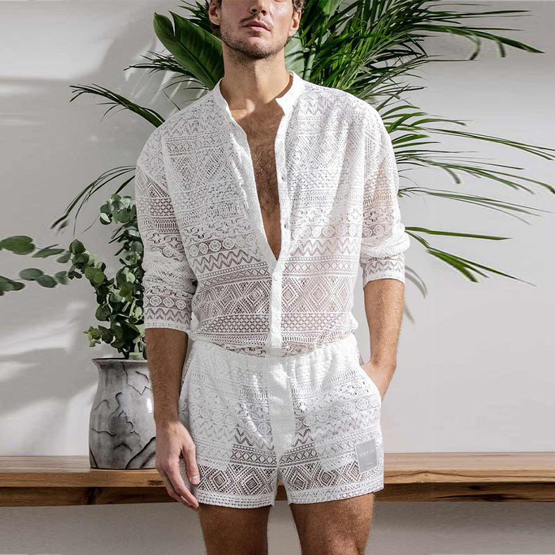 Men's Long-Sleeved Lace Cut-Out Shirt with Casual Shorts Suit - WS019 - YDressup