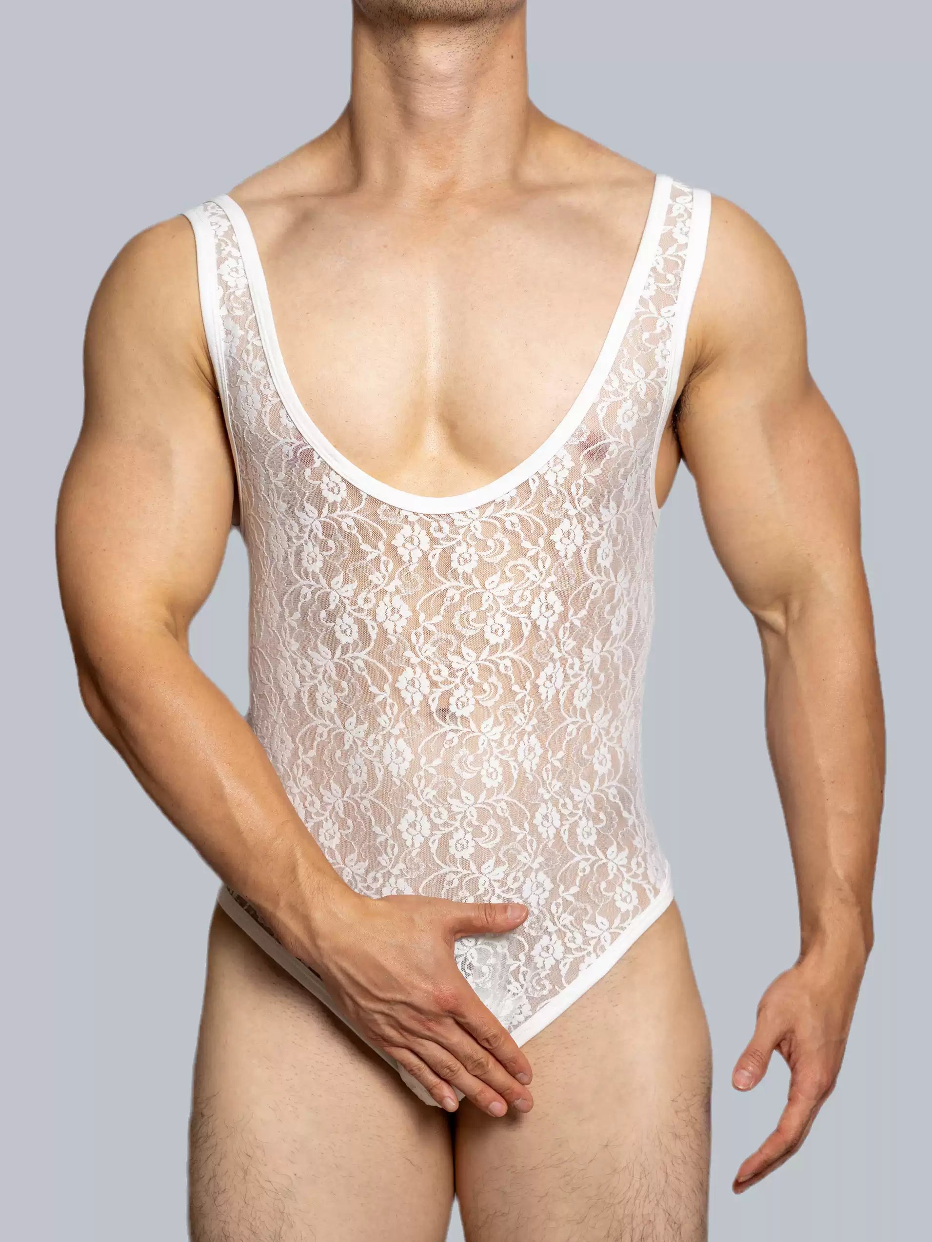 Men's Sheer Mesh Lace Bodysuit - LTY047 - YDressup